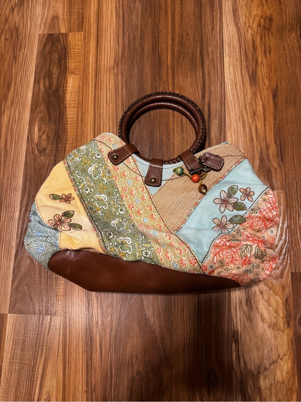 Fossil Patchwork Floral Tote in Brown, Blue, Yellow, Green, Coral